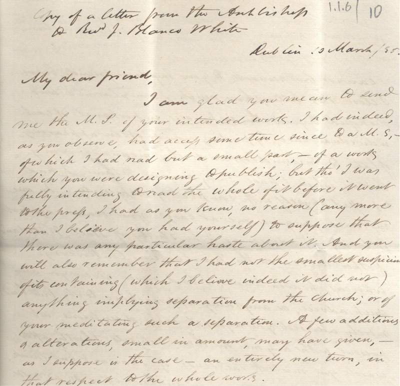 Copy of letter in the archbishop's hand to Revd J. Blanco White, RCB Library 707/1/1/6
