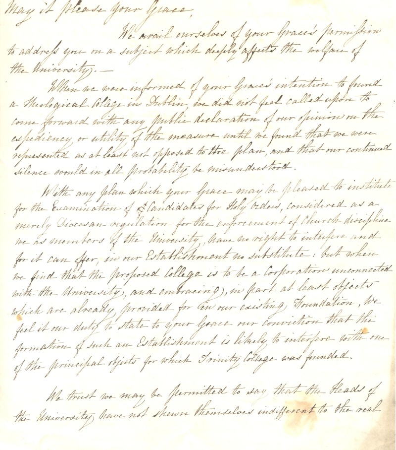 Copy of signed memorial of the Provost and certain Fellows of Trinity College Dublin to the archbishop, opposing the proposed college RCB Library 707/2/1/9