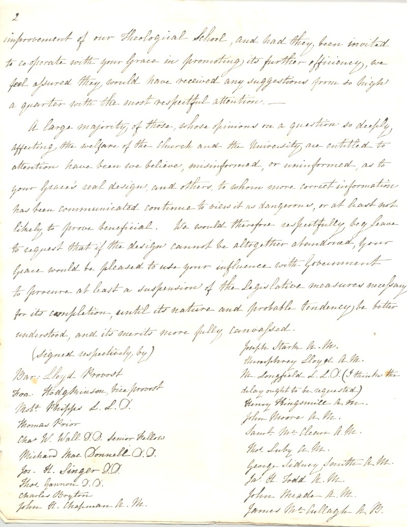 Copy of signed memorial of the Provost and certain Fellows of Trinity College Dublin to the archbishop, opposing the proposed college RCB Library 707/2/1/9