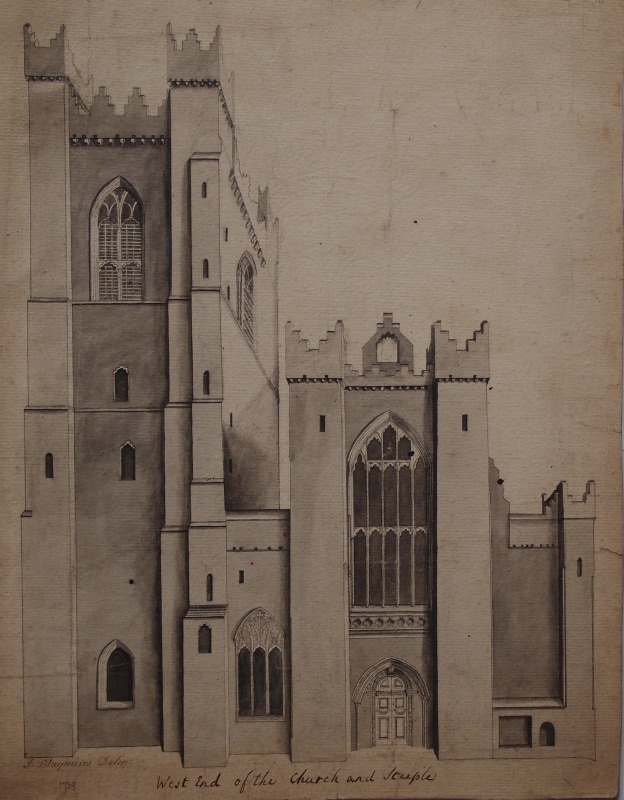 Drawing of the west end of St Patrick's Cathedral, Dublin, prior to addition of steeple and other modifications made after John West became dean, as it would have appeared during most of Whately's career, RCB Library portfolio drawings of St Patrick's Cathedral, Dublin, C2.