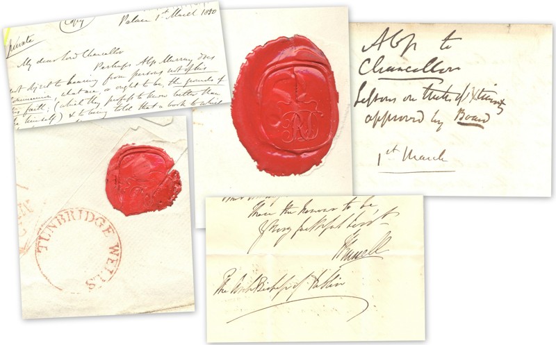 Seals bearing the initials &lsquo;RD' and various items of correspondence including outgoing letters to his chancellor, and incoming letter signed by Lord John Russell, Prime Minister