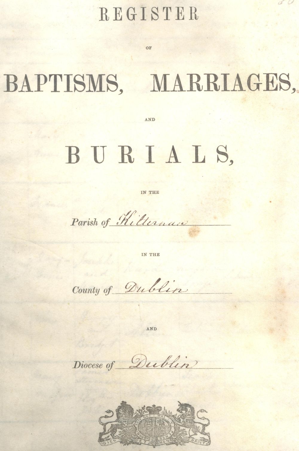 Title page of the second combined register for Kilternan, RCB Library P346/1/2