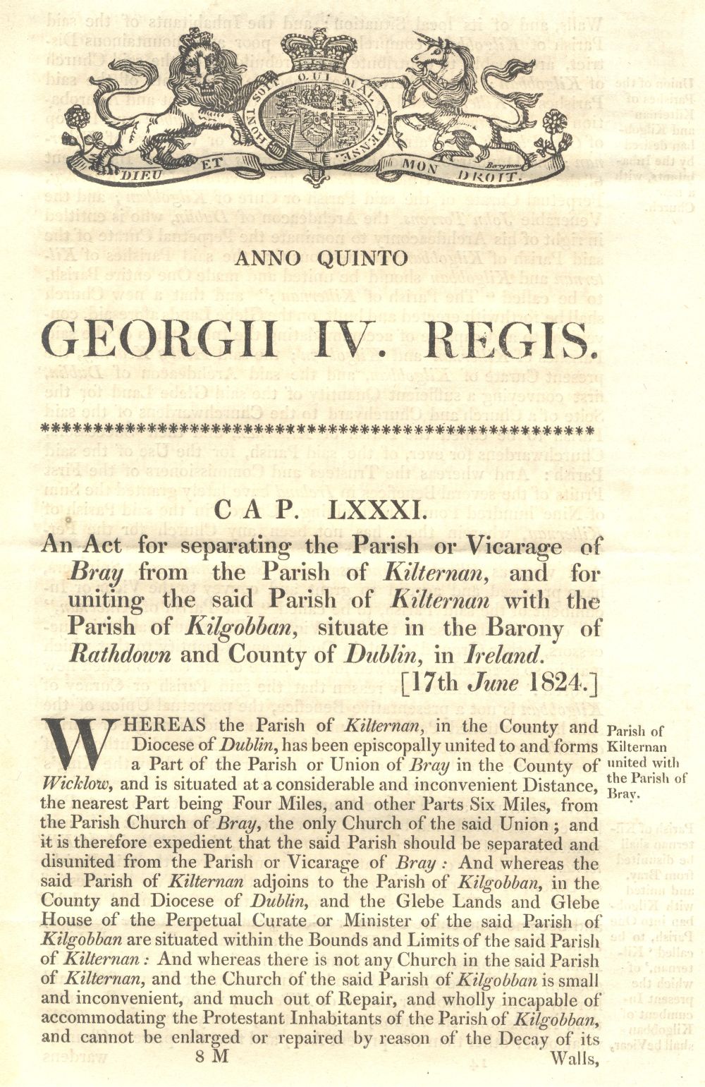 George IV cap lxxxi (1824) creating the parish of Kilternan
