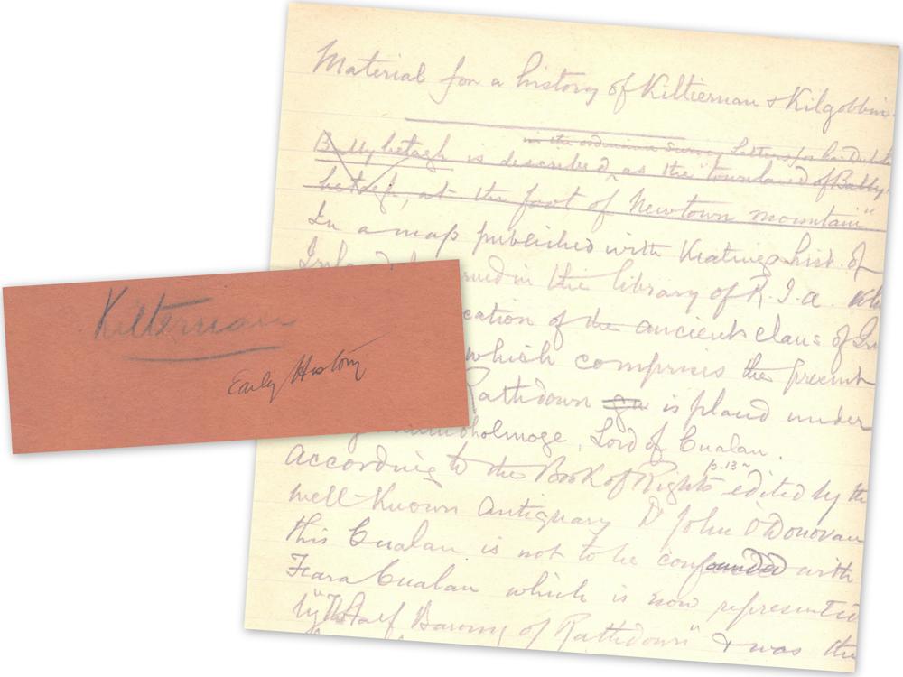 Research notes on the parish history compiled by Revd Thomas Arthur O'Morchoe (1865-1921) also known as The O'Morchoe, in the O'Morchoe's papers, RCB Library MS 12.