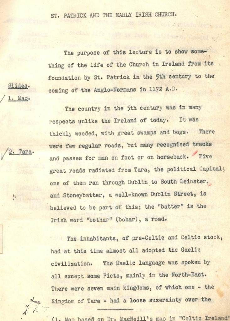 Text from St Patrick's Commemoration Lecture 1 p. 1, which indicates the source of the map is based on Dr MacNeill's &ldquo;Celtic Ireland&rdquo;