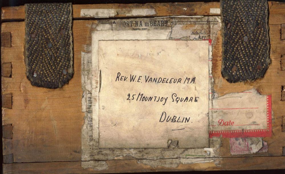 This box provides a vital clue to the originator of the entire St Patrick's Deanery lantern slide collection, as it was addressed to the Revd W.E. Vandeleur MA at 25 Mountjoy Square Dublin. The Revd Canon William Elder George Ormsby Vandeleur was Warden of the Divinity Hostel in Mountjoy Square (where ordinands training for Church of Ireland ministry &ndash; who studied at Trinity College lived) between 1928 and 1934, and thus centrally involved in education within the Church. He was responsible for the lantern lectures in 1932.