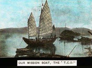 Image labelled: &lsquo;Our mission boat &ndash; the TCD', being vessel used to explore China, RCB Library St Patrick's Deanery lantern slide collection