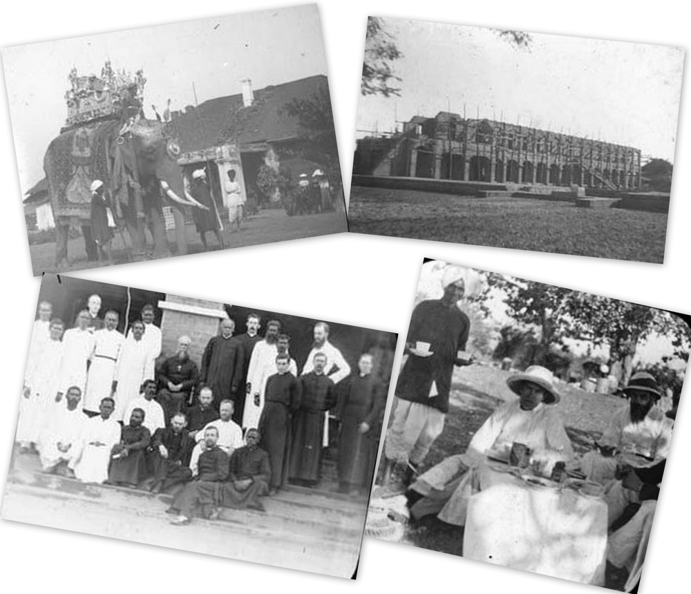 Selection of lantern slide images as follows: Ornately-decorated Indian elephant carrying perhaps a wedding party; mission building under construction; group of ordinands and staff outside college; slide labelled &lsquo;tea in camps', Dublin University Mission, Chota Nagpur, India RCB Library St Patrick's Deanery lantern slide collection
