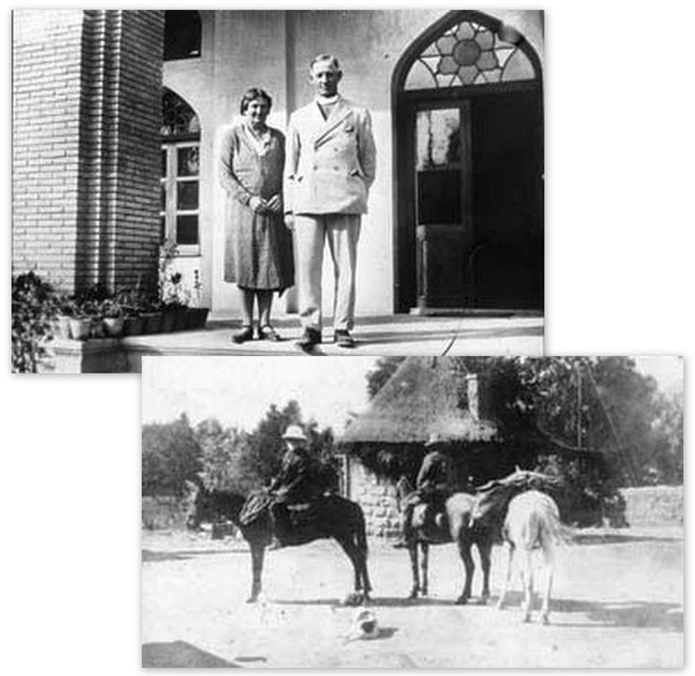 Rt Revd James Henry Linton, and Mrs Linton, missionaries in Persia, 1919-1935 with slide labelled &lsquo;David, Jerry and Prince carrying the pack', RCB Library St Patrick's Deanery lantern slide collection