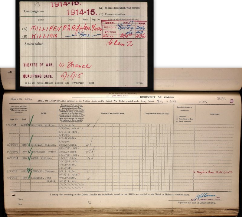 British Army WW1 Medal Rolls Index Cards 1914&ndash;1920 created by the Army Medal Office (AMO) of the UK in Droitwich; and UK WW1 Service Medal and Award Rolls 1914&ndash;1920, War Office and Air Ministry: Service Medal and Award Rolls, First World War. (WO329, The National Archives of the UK). Both available from Ancestry.co.uk