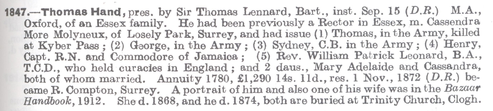 Clergy of Clogher, compiled by Canon J.B. Leslie, revised edited and updated by Canon D.W.T. Crooks and Dean T.R. Moore (Belfast, 2006)