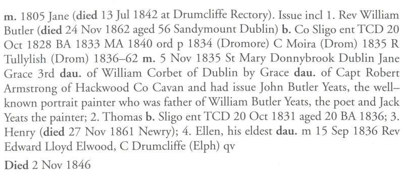 Biographical entry for John Yeats, rector of Drumcliffe in James B. Leslie and David Crooks (eds), Clergy of Kilmore, Elphin and Ardagh Biographical Succession Lists (2008), pp 926&ndash;927
