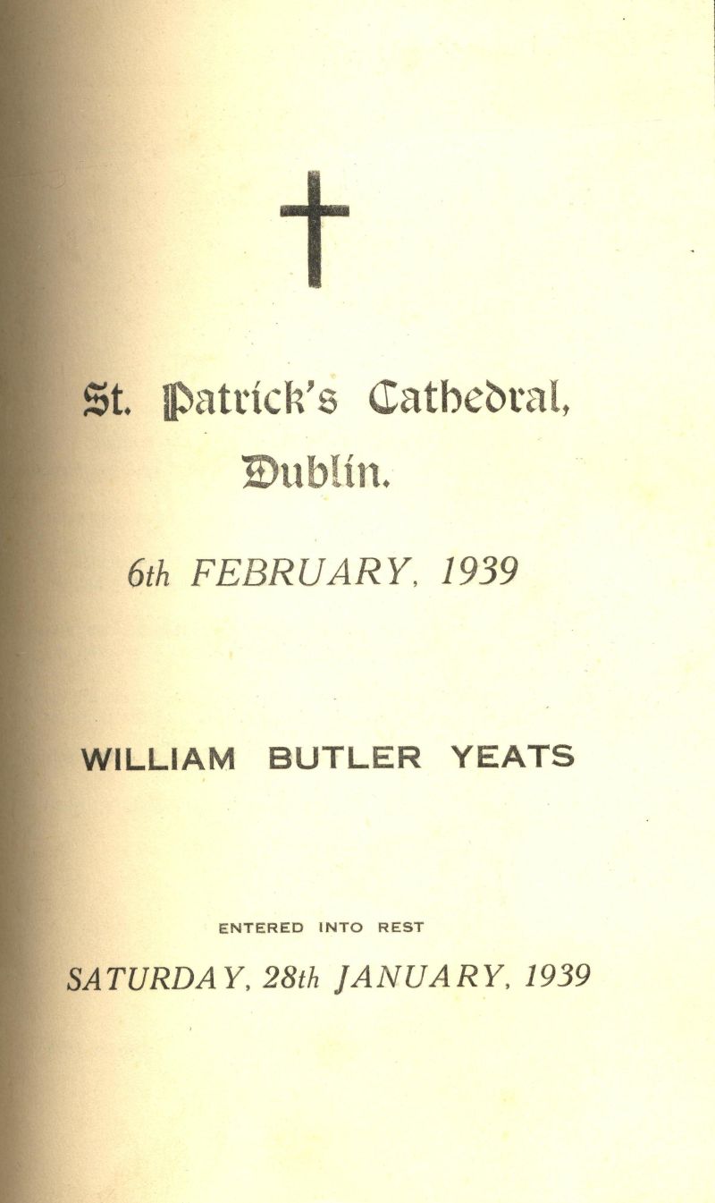 Order of service for the memorial of W.B. Yeats, held in St Patrick's Cathedral Dublin, a week after the poet's death, 6 February 1939, RCB Library St Patrick's Cathedral Scrapbook 1901&ndash;1945, RCB Library C2/1/28/2.3
