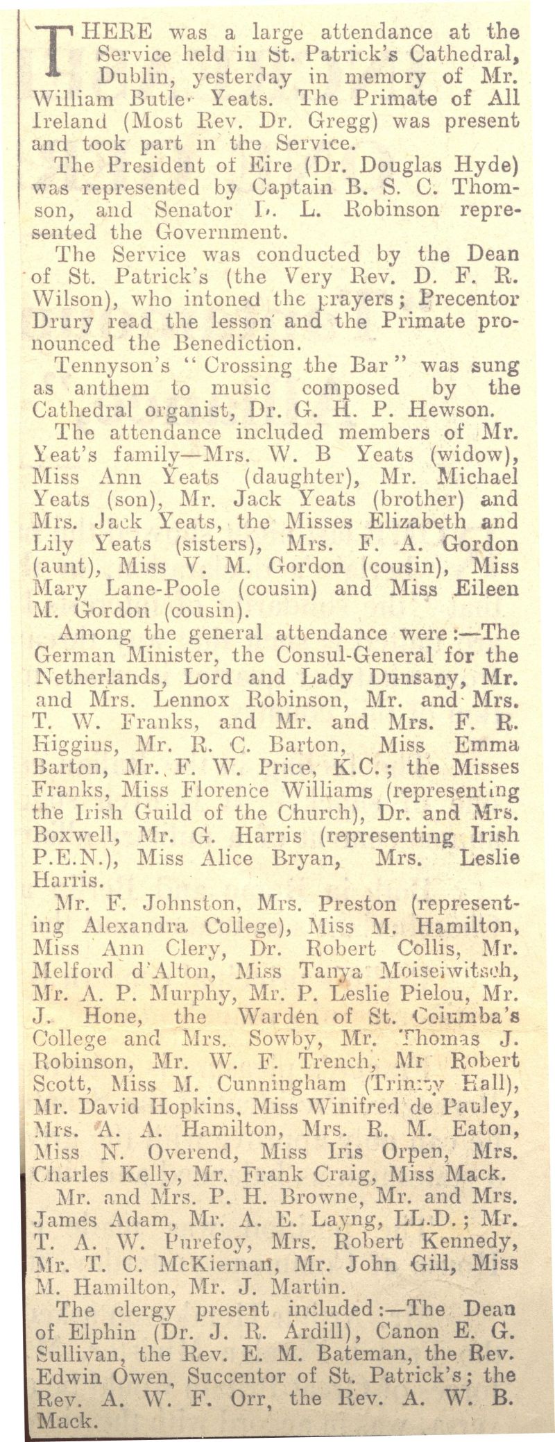 Press cuttings concerning the re-internment of W.B. Yeats in RCB Library St Patrick's Cathedral Scrapbook 1901-1945, RCB Library C2/1/28/2.3