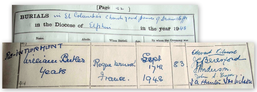 Burial entry following the re&ndash;internment of the body of W.B. Yeats, as recorded in the Drumcliffe parish register, 17 September 1948, signed by no less than six senior clergy. This volume held in local custody and reproduced here with the kind co&ndash;operation of the Select Vestry of Drumcliffe.