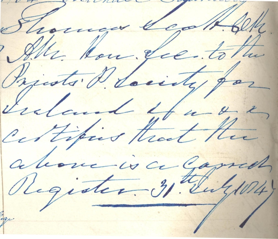 Final annotation to the list which appears to bring it and the practice to a close, by Revd Thomas Scott, curate, 1847, RCB Library P116/1/4.