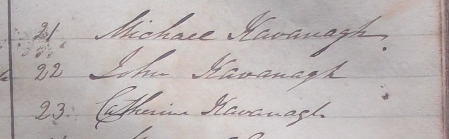 Entry nos 21, 22, and 23, for Kavanagh family members, RCB Library P116/1/4.