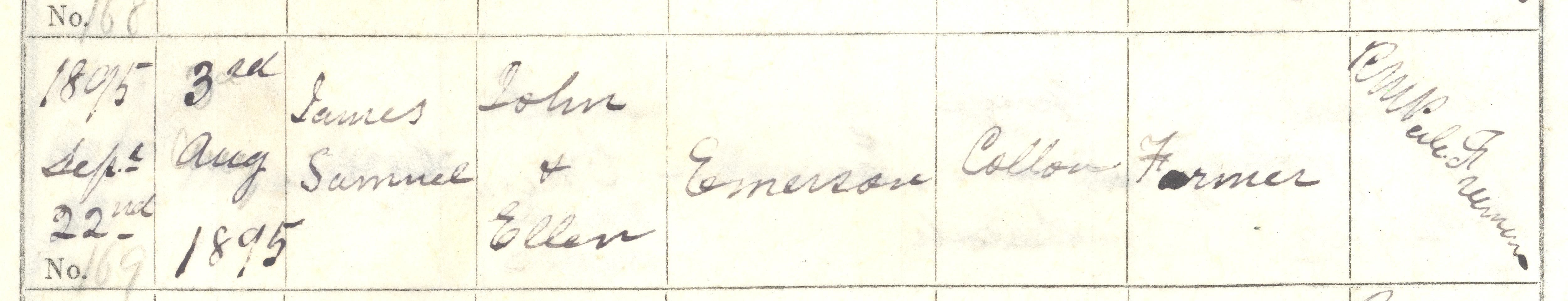 Baptism of James Samuel Emerson, Collon baptismal register, RCB Library P970.2.1.