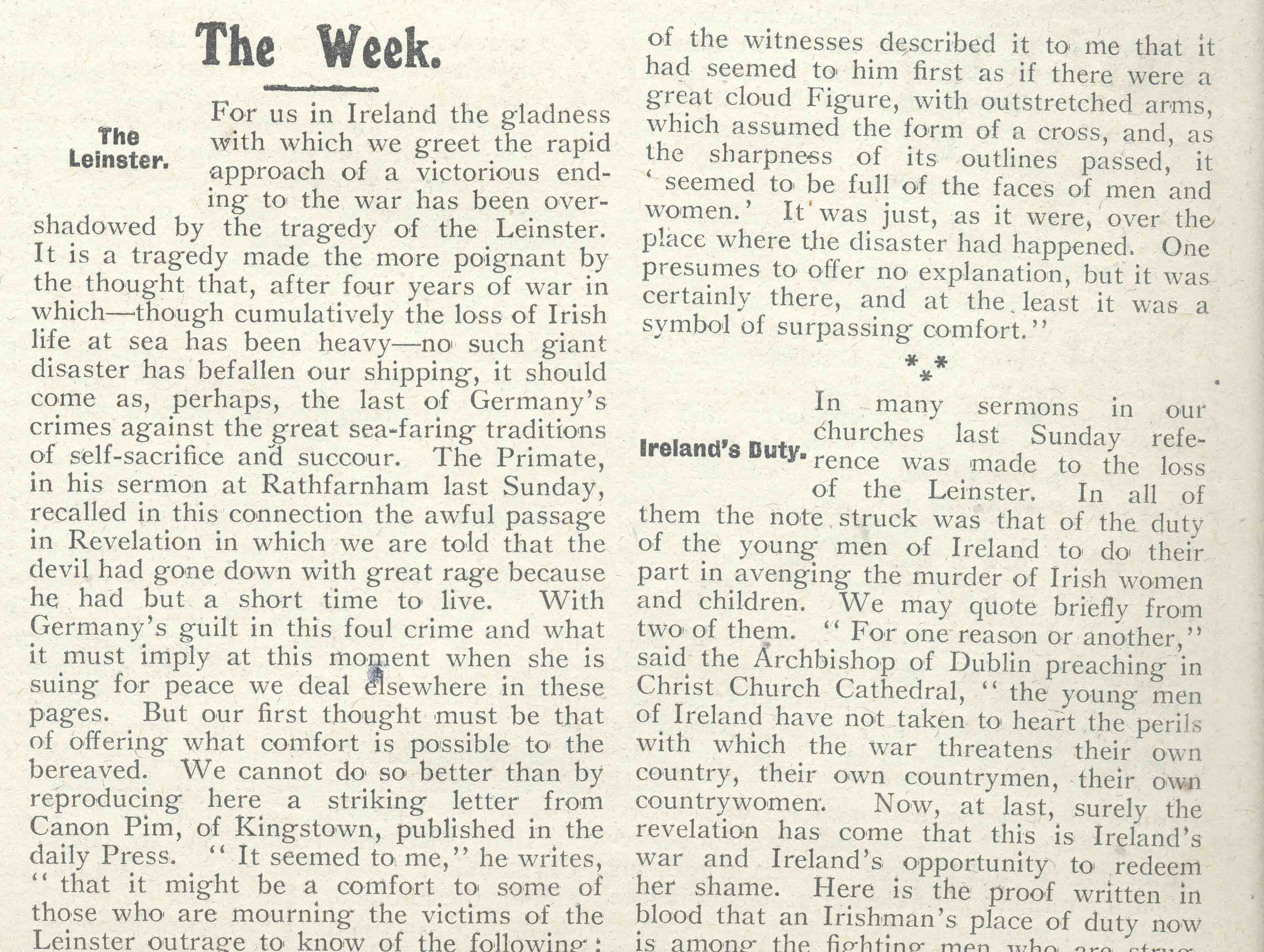 Lead piece reporting the Leinster tragedy to readers of the Church of Ireland Gazette, 18th October 1918.