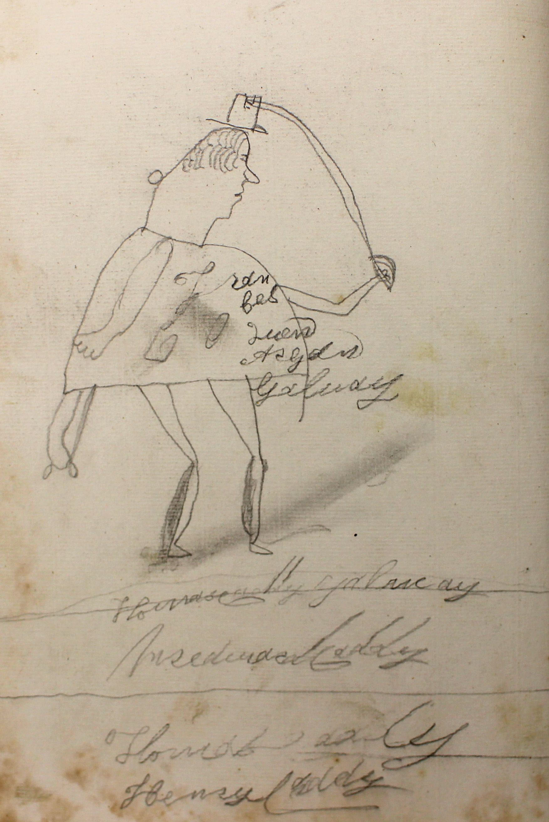 Caption: One of the Caddy cartoons in the Galway parish register, (RCB Library P.519.01.1).