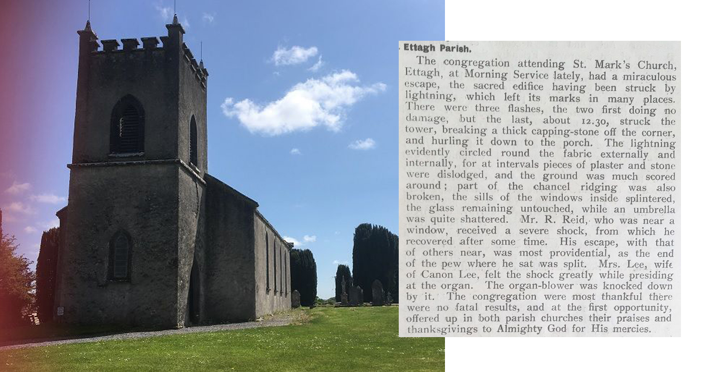 St Mark's church, Ettagh, County Offaly, with the report on its lightning strike, on Sunday, 21st June 1912.