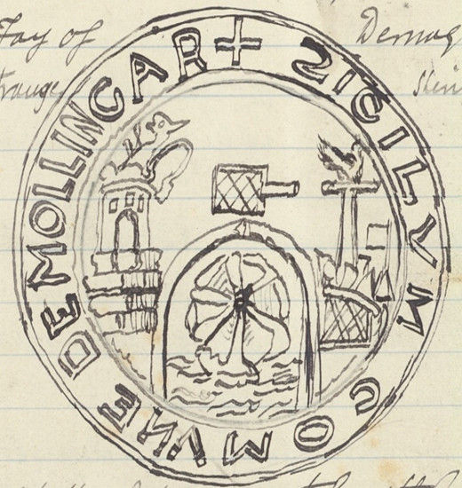 The Revd William Reynell's volume includes his sketch of Mullingar's town seal, which bears the chief device of a &lsquo;mill wheel'.  RCB Library P336.20.1, page 18.