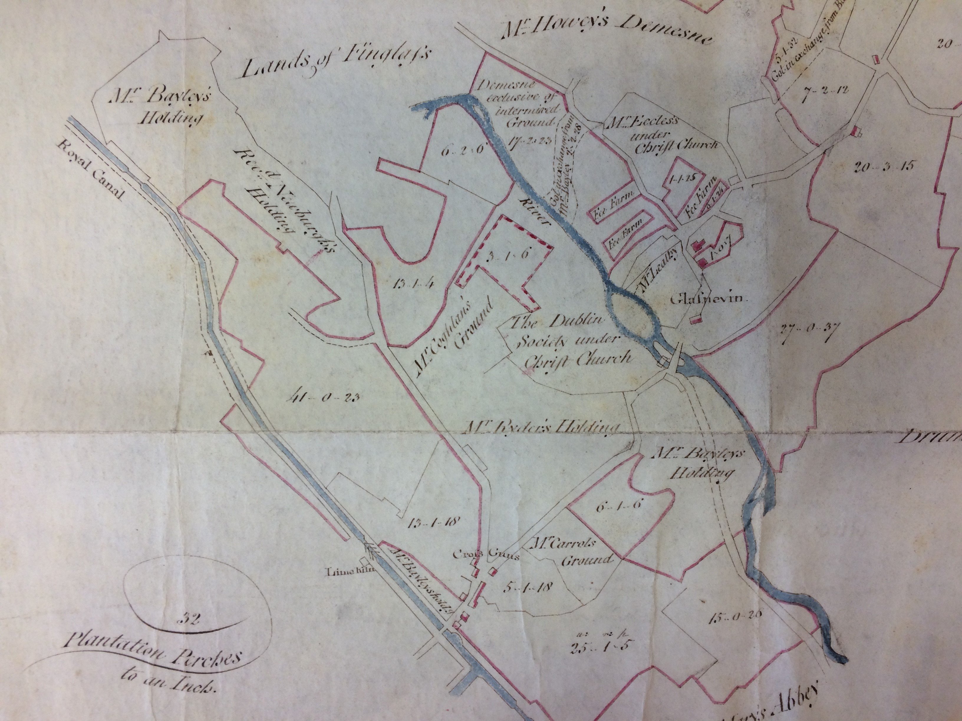 Rental deed including detailed valuable, for &lsquo;a parcel of land at Glasnevin County Dublin&rsquo;, the property of the Hon. William John Gore, between the Dean and Chapter of Christ Church, Dublin, and the said William John Gore. A detailed colour map of the property showing outlying lands is annexed to the deed, as surveyed by John Longfield, 1807.29 September 1833.