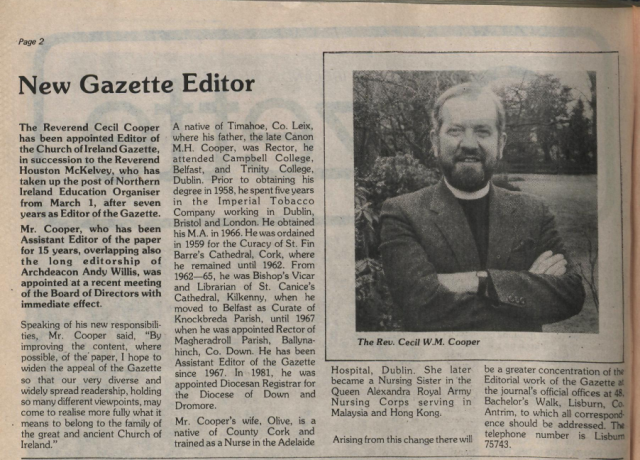 The appointment of the Revd Cecil Cooper as reported in The Church of Ireland Gazette, 19th March 1982.