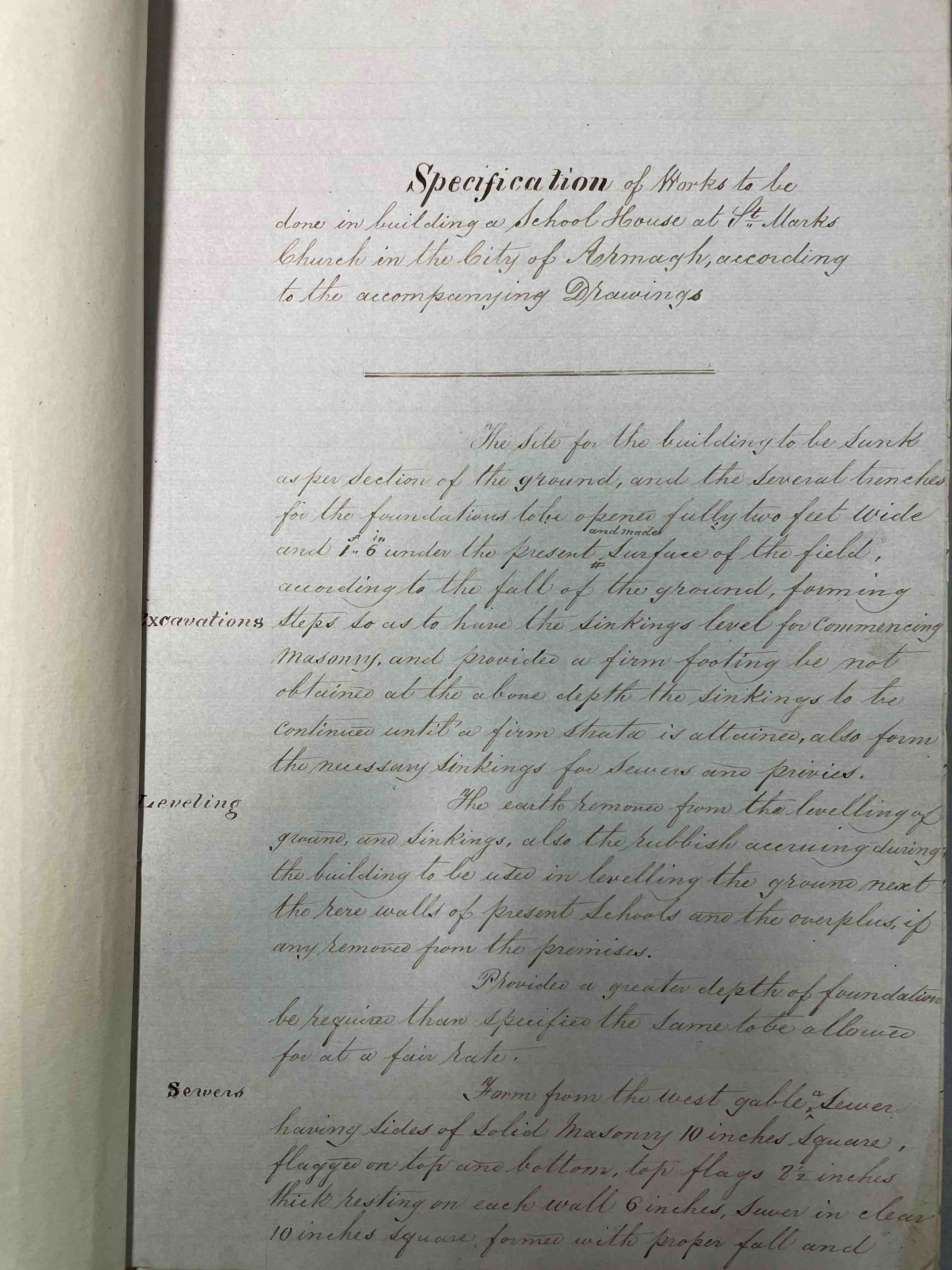 Specification of works for school house at St Mark's Parish, in the city of Armagh, to be completed by John Farr, Builder, RCB Library MS 1116/1/9.