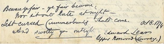 Figure 12: Excerpt from handwritten copy of the poem 'The Cummerbund'- Edward Lear, 1874