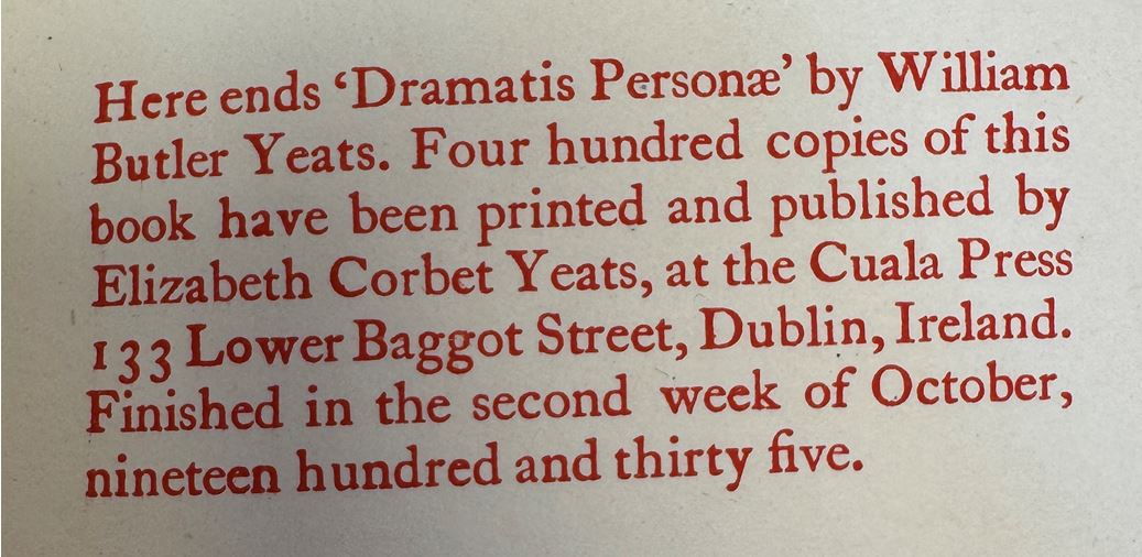Figure 15: End note printed in red ink with printing information - Cuala Press