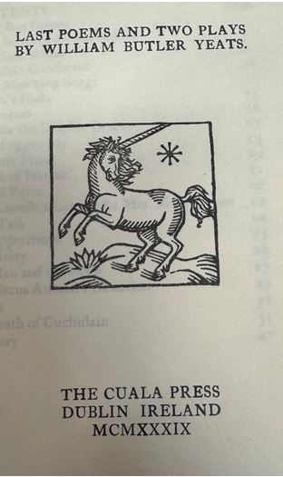 Figure 13: Front image page of Cuala Press Book 'Last Poems & Two Plays' by William Butler Yeats