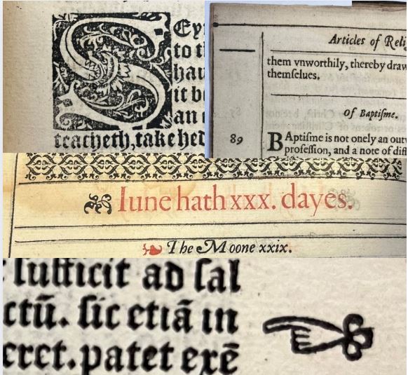 Figure 8: Various printing enhancements including embelished letters, chapter decorations and a manicule.