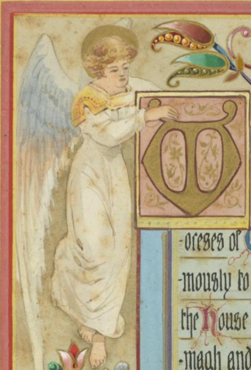 Figure 9: Close up detail showing an angel framing the corner of one of the illuminated pages (RCB Library - MS1189)