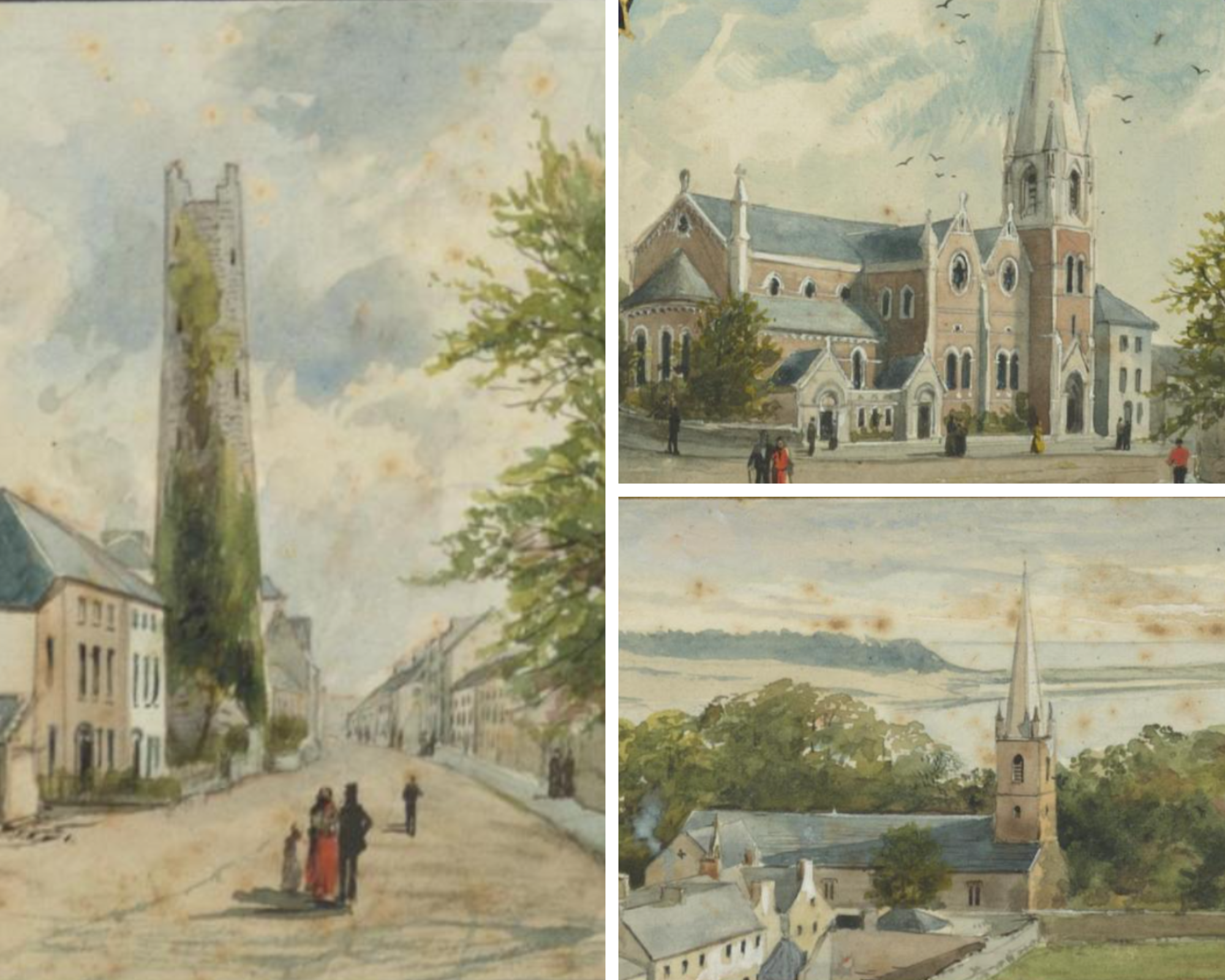 Figure 3: A selection of the miniature architectural portraits - Cloyne Round Tower, St Fin Barre's Cathedral, Cork & Ross Cathedral - (RCB Library - MS1189)