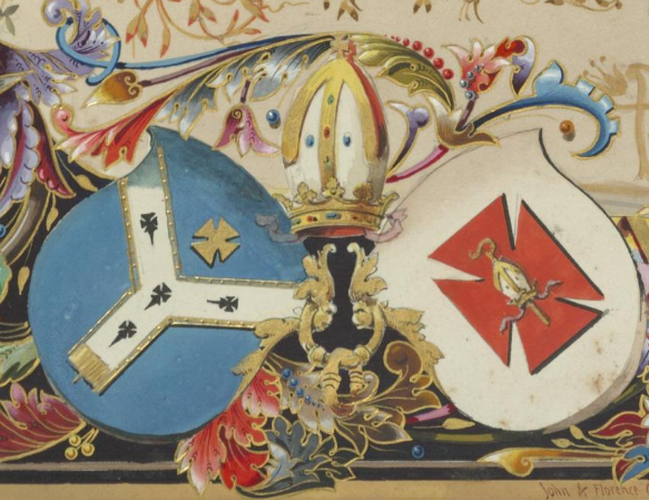 Figure 4: The Armagh and Cork diocesan coats of arms, symbolising Gregg's transition from Cork to Armagh (RCB Library - MS1189)