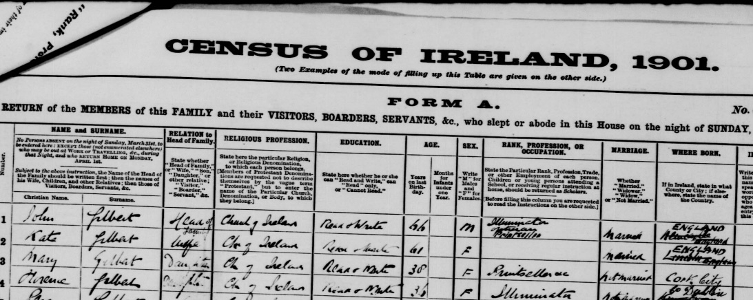 Figure 5: Copy of the 1901 Census, listing John & Florence Gilbert. (National Archive)
