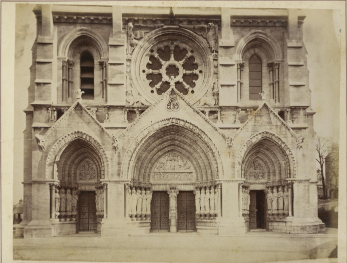 Figure 4. Close up of the West Front of the Cathedral, showing the intricate stone work in the portal doors and the rose window above.