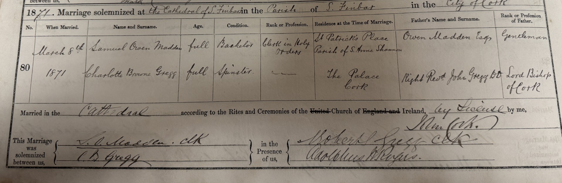 Figure 4. Marriage Entry of Samuel Madden & Charlotte Browne Gregg (P.497.3.2)