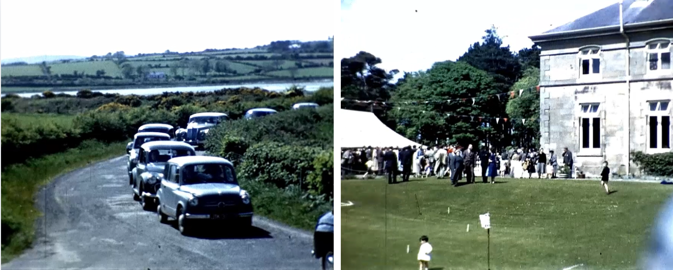 Figure 5: L: Procession of cars to the opening of Murlough House R: Tent and Bunting as children play on the lawn of Murlough House [Stills taken from 16mm Cinefilm RCB Library]