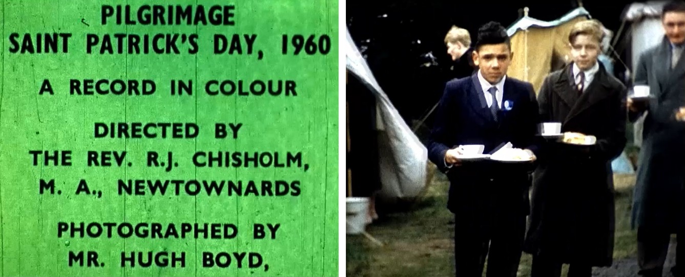 Figure 4: L: Film caption board "Pilgrimage Saint Patrick's Day, 1960, A Record in Colour" R: Tea and Refreshments in China Cups [Stills taken from 16mm Cinefilm RCB Library]