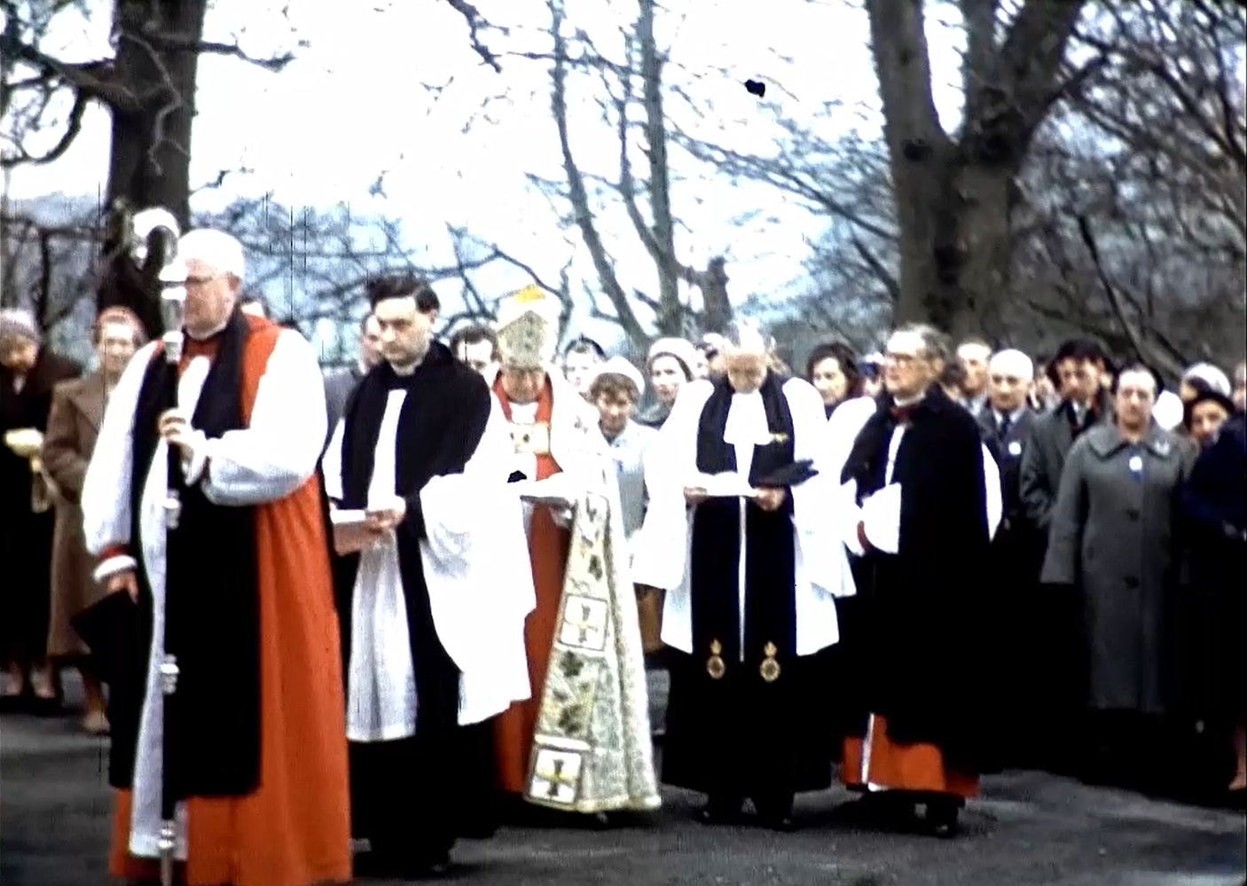 Figure 3: Senior Clergy including then Archbishop of Canterbury, the Most Revd Dr Geoffrey Fisher [Still taken from 16mm Cinefilm RCB Library]