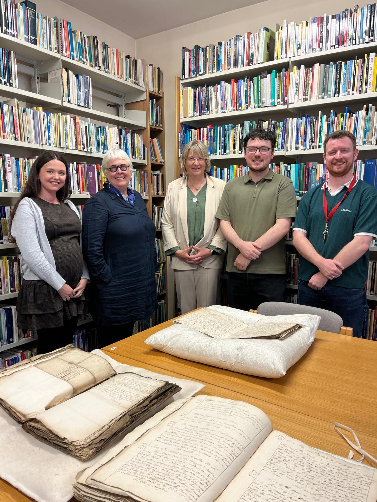 Photographed are Dr Claire McNulty (Post Doc, VOICES), Professor Jane Ohlmeyer (PI, VOICES), Dr Susan Hood (RCBL Librarian & Archivist) and Michael Flaherty (Research Assistant, VOICES), Donal Farrell, (PhD Student RINN AI/TCD).