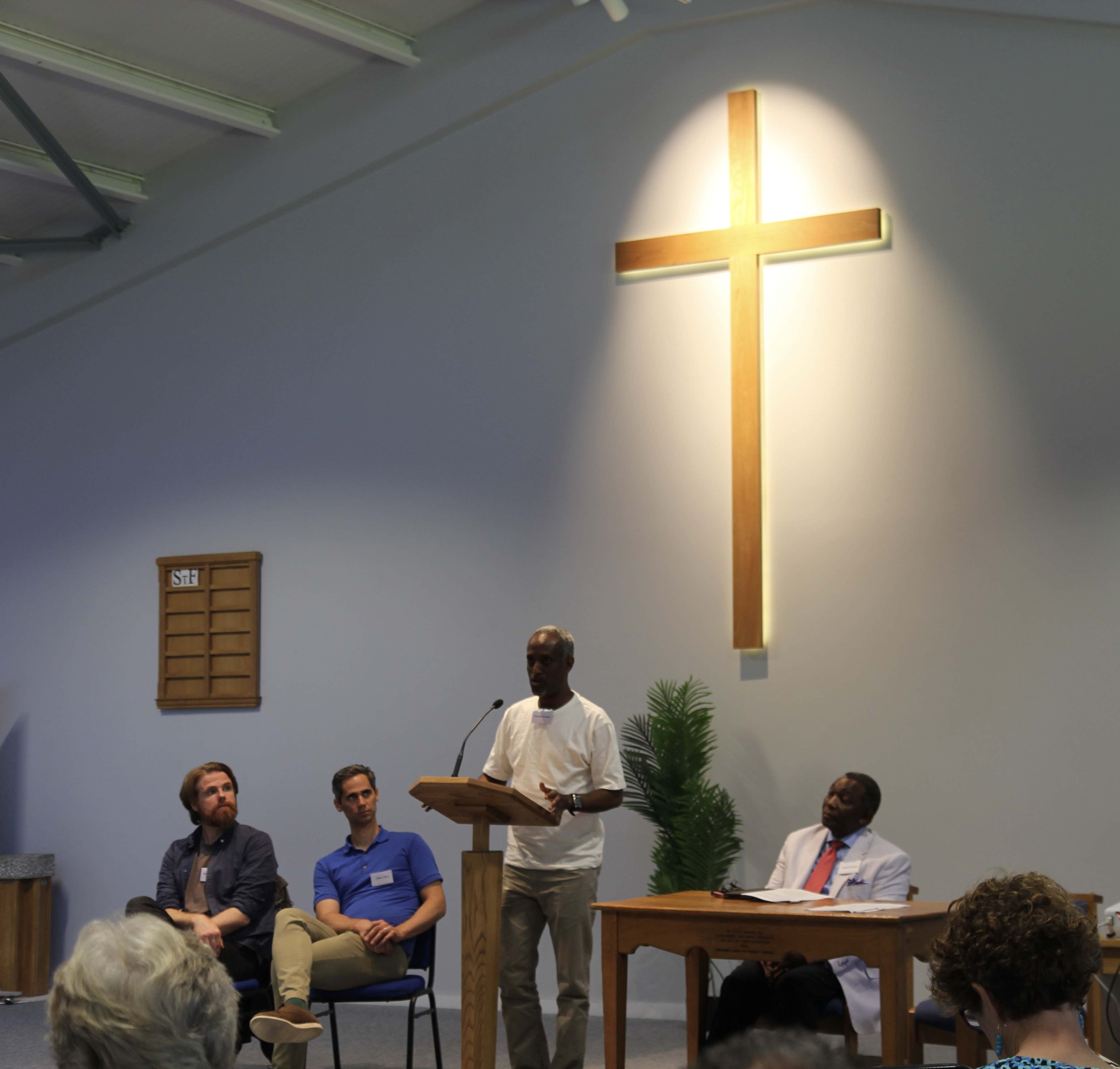 Gideon Yutzy and Kent Chadwick of the Waterford Conversation Club and Medahan Weldegabir and Pastor Hudson Kaunda of All Nations Ministries, Belfast.