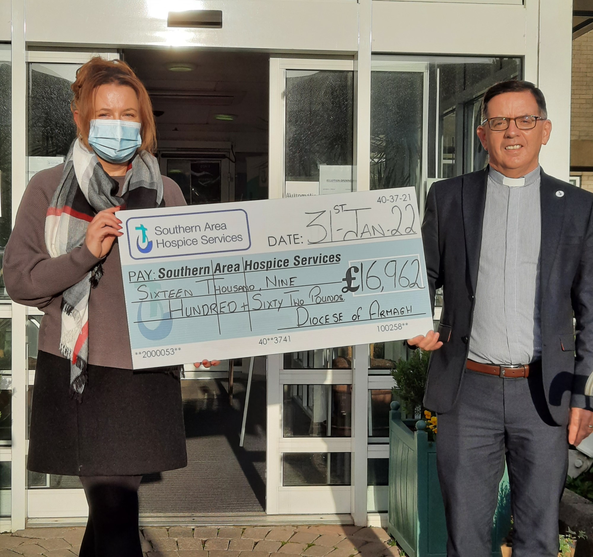 The Revd Matthew Hagan (Annual Hospice Sunday Appeal Co-ordinator) presenting a cheque for &pound;16,962 to Siobhan McArdle (Fund-raising manager, Southern Area Hospice, Newry). &pound;19,973 including Gift Aid was donated to the Southern Area Hospice; &pound;932 was donated to Foyle Hospice, Londonderry, and &pound;765 was donated to the Northern Ireland Hospice, Belfast.