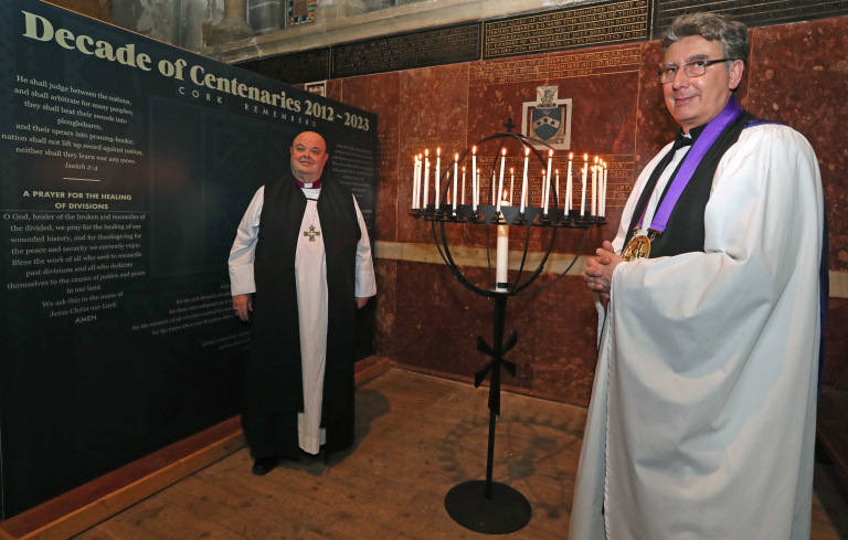 Pictured are the Bishop of Cork, Cloyne and Ross, the Right Reverend Dr Paul Colton, and the Very Reverend Nigel Dunne, Dean of Cork, following the dedication of the Decade of Centenaries 2012-2023, Cork Remembers, prayer space, at the Cathedral Church of Saint Fin Barre, Cork. Picture: Jim Coughlan.