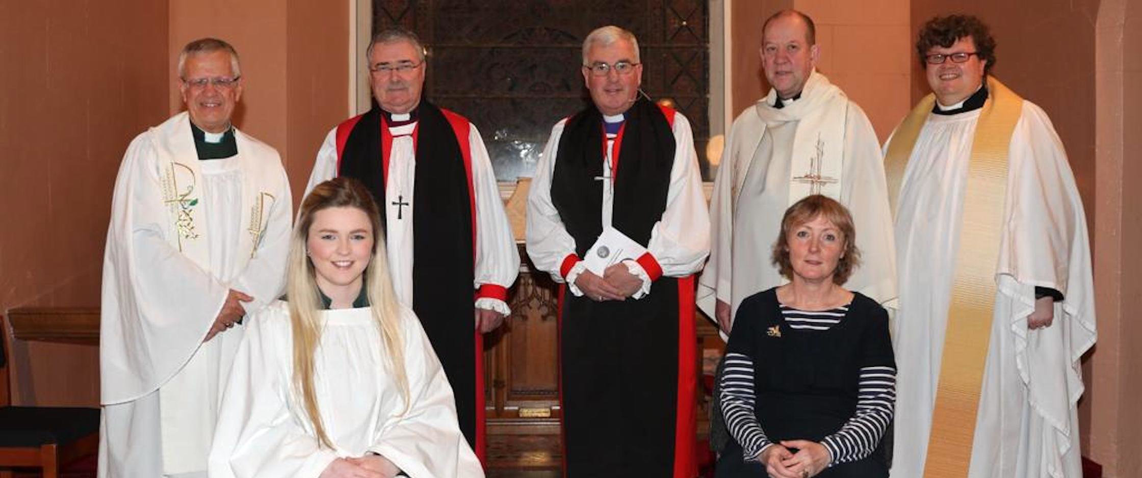 Pictured (left to right, standing) are Dean Henry Hull, Archbishop John McDowell, Bishop David McClay and Fr Ciar&aacute;n Dallat and (seated from left) Lucy Cullen and Maeve King.