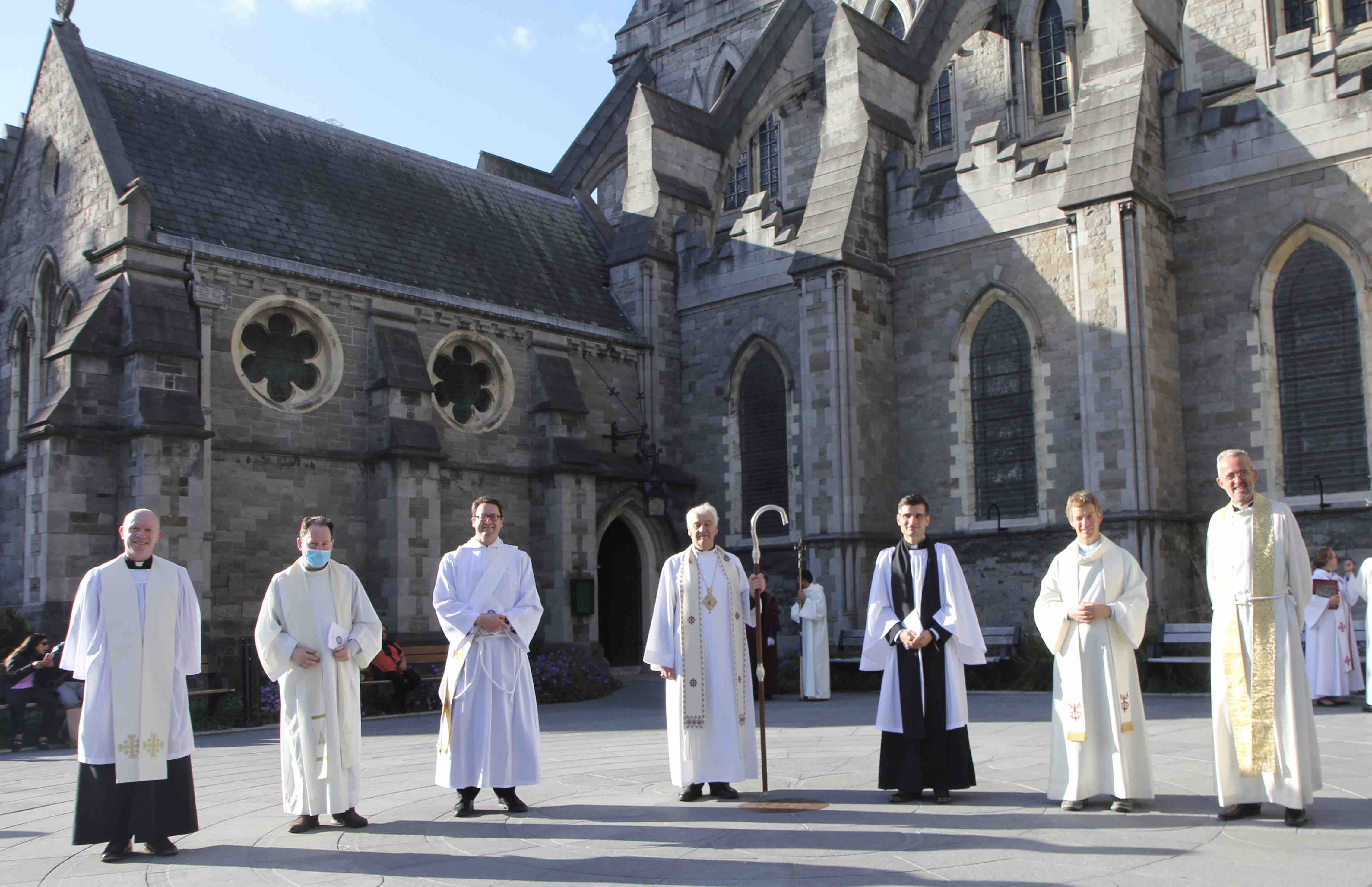 The Revd Tom O'Brien and the Revd Anthony Kelly of Holmpatrick, the Revd Edwin Aiken, Archbishop Michael Jackson, the Revd Alexander Chisnall, the Revd Jack Kinkead of Wicklow and Dean Dermot Dunne, who preached, following the ordination of Deacons in Christ Church Cathedral.
