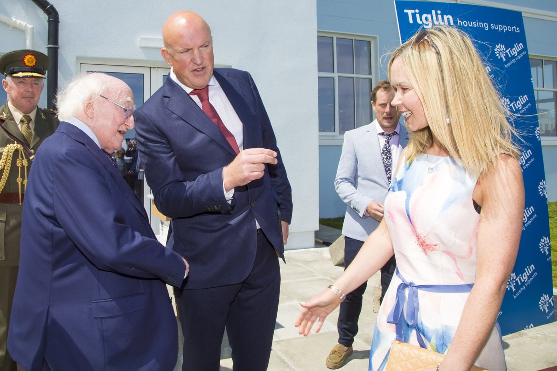 Tiglin Challenge volunteer and St Patrick's NS Principal Rachel Harper chats to President Michael and Tiglin Chair Aubrey McCarthy at the opening ceremony.