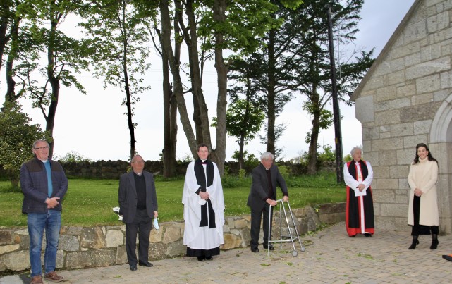 Canon Trevor Stevenson, Fr John O'Connor, the Revd Sean Hanily, Canon George Salter, Archbishop Michael Jackson and Deputy Jennifer Carroll MacNeill at Rathmichael's reopening service.